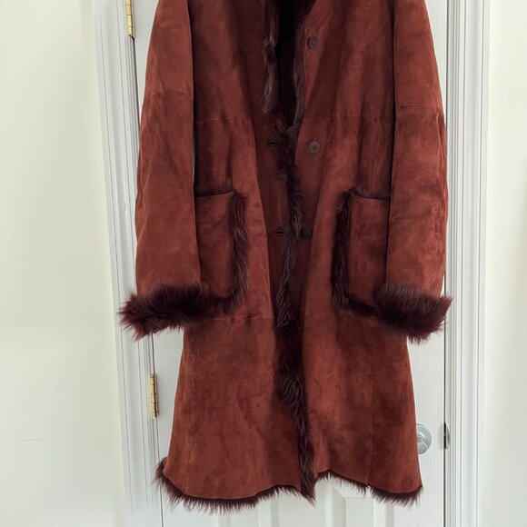 Rare DONNA KARAN SIGNATURE Brown/ Auburn Suede 100% Shearling Fur Coat Size 6 - Picture 8 of 16